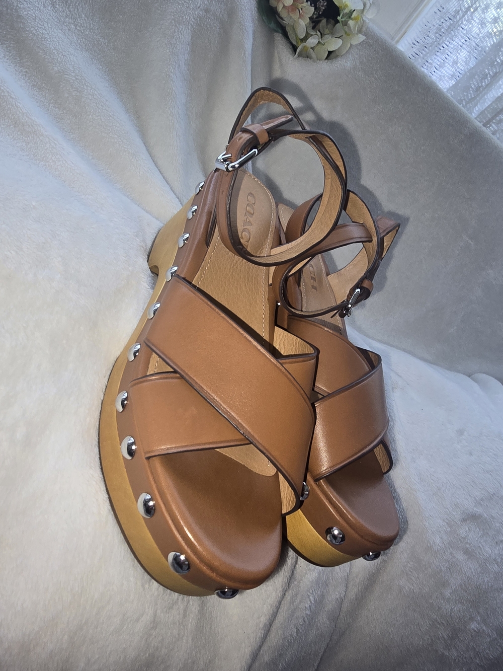 Coach Tan Leather Crisscross Platform Sandals - Picture 7 of 7